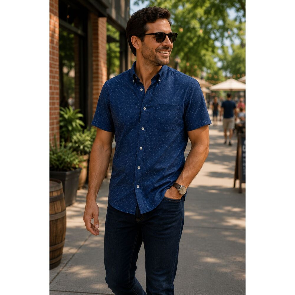 WRK Work Rest Karma Slim Button Shirt Blue Dot Cotton XL Short Sleeve Casual - Picture 2 of 10